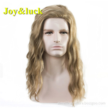 Hot Sale Light Brown Color Side Part Male Wholesale Wig for Mens Blonde Long Natural Water Wave Men Wigs Synthetic Hair Wigs